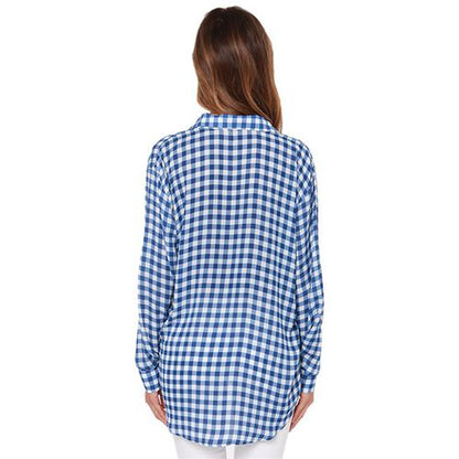 Blue Plaid Spring Slim Straight Casual Women Blouses