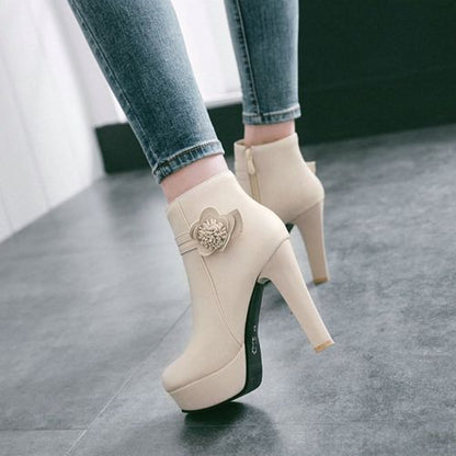 Women's Flower High Heels Platform Short Boots