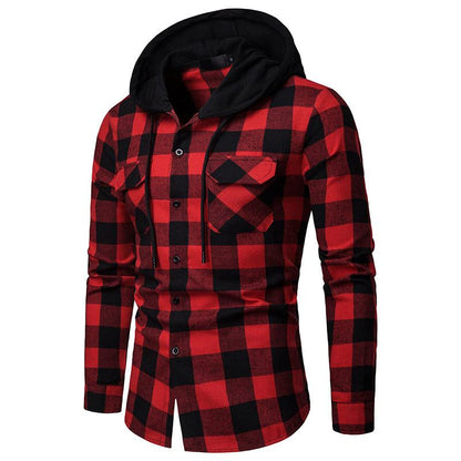 Men's Business Grid Casual Hooded Long Sleeves Shirts