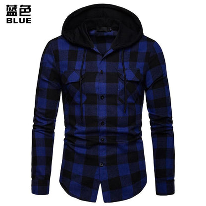 Men's Business Grid Casual Hooded Long Sleeves Shirts