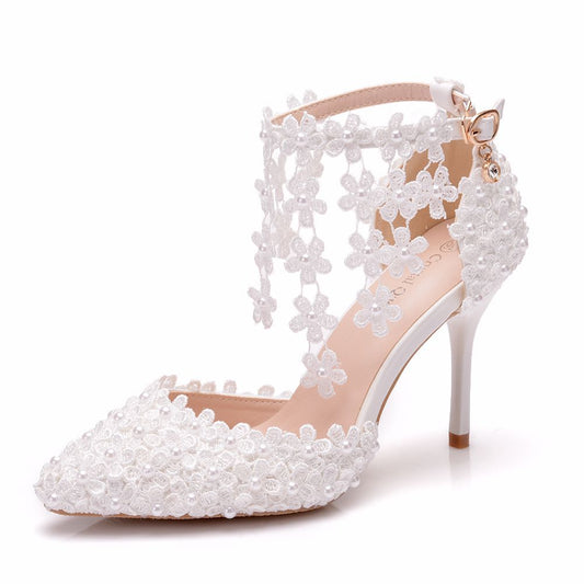 Women Lace Flora Tassel Ankle Strap Stiletto Heel Pointed Toe Bridal Wedding Shoes Sandals