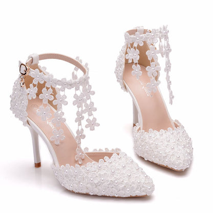 Women Lace Flora Tassel Ankle Strap Stiletto Heel Pointed Toe Bridal Wedding Shoes Sandals