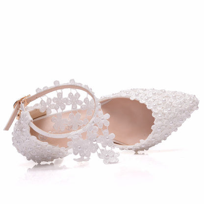 Women Lace Flora Tassel Ankle Strap Stiletto Heel Pointed Toe Bridal Wedding Shoes Sandals