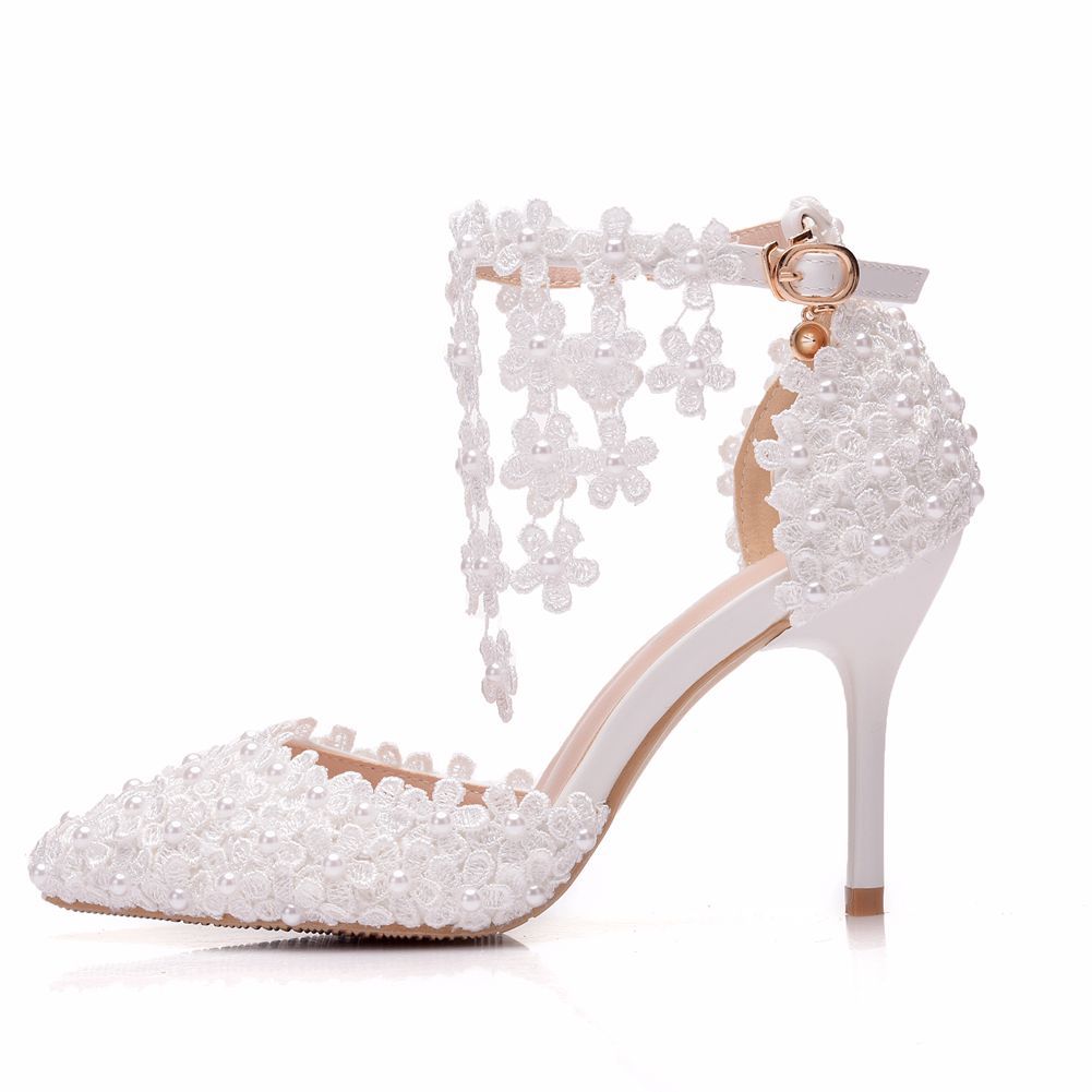 Women Lace Flora Tassel Ankle Strap Stiletto Heel Pointed Toe Bridal Wedding Shoes Sandals