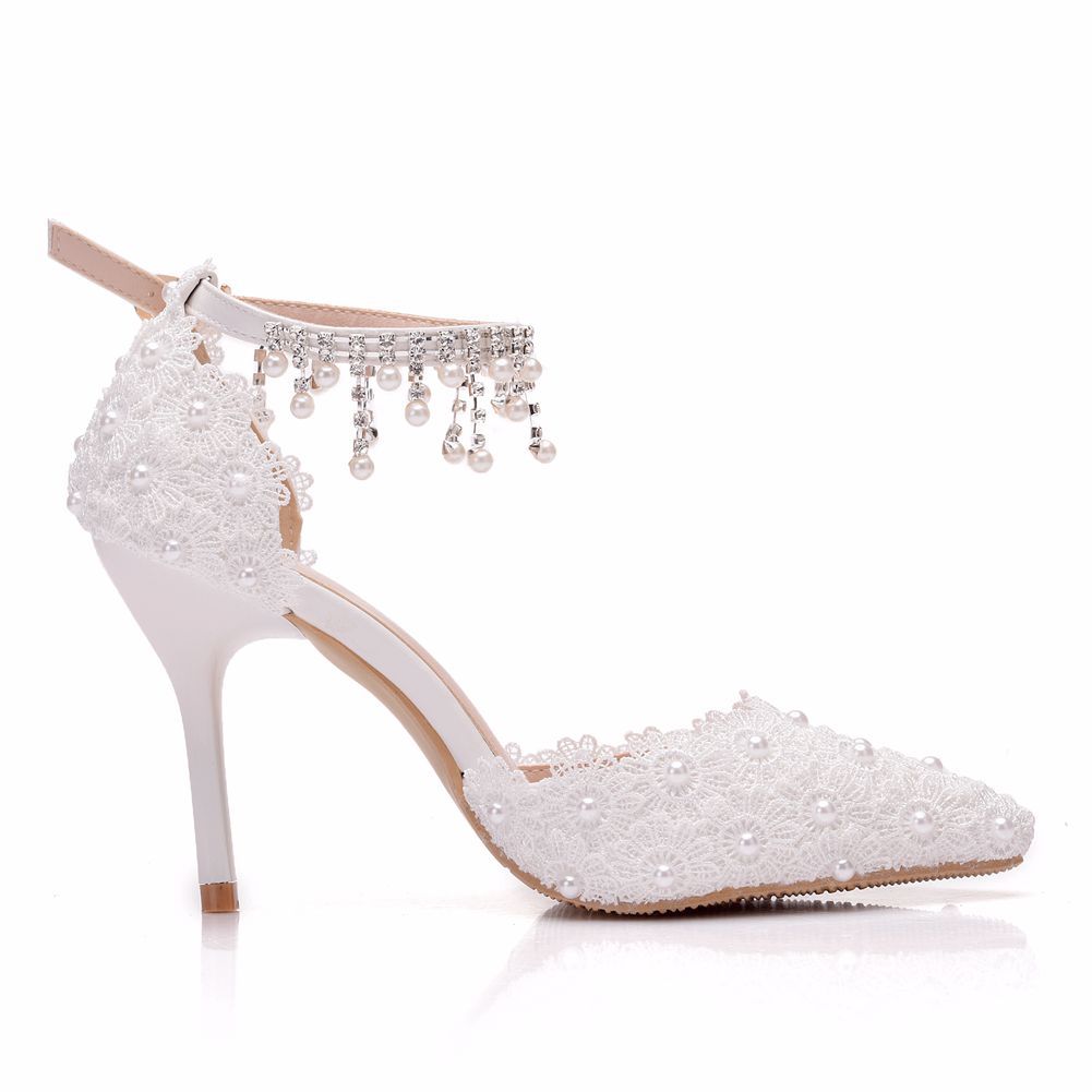 Women Lace Flora Rhinestone Tassel Ankle Strap Bridal Wedding Shoes Stiletto Heel Sandals