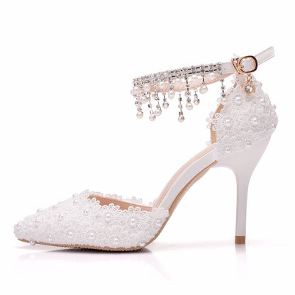 Women Lace Flora Rhinestone Tassel Ankle Strap Bridal Wedding Shoes Stiletto Heel Sandals