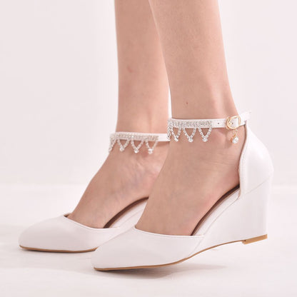 Women Pointed Toe Rhinestone Tassel Ankle Strap Wedge Heel Pumps