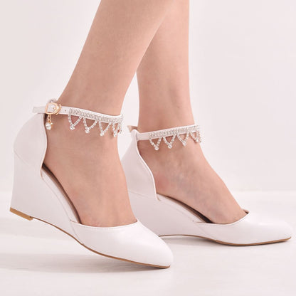 Women Pointed Toe Rhinestone Tassel Ankle Strap Wedge Heel Pumps