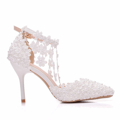 Women Lace Flora Tassel Ankle Strap Stiletto Heel Pointed Toe Bridal Wedding Shoes Sandals