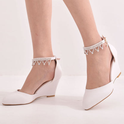 Women Pointed Toe Rhinestone Tassel Ankle Strap Wedge Heel Pumps