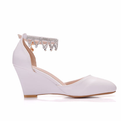 Women Pointed Toe Rhinestone Tassel Ankle Strap Wedge Heel Pumps