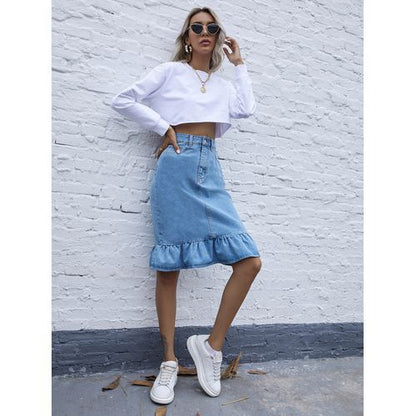 Ins Fashion High Waist Flounce Denim Women Skirts