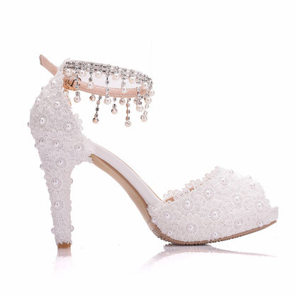 Women Lace Beads Stiletto Heel Peep Toe Bridal Wedding Platform Sandals