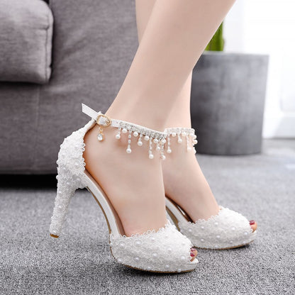 Women Lace Beads Stiletto Heel Peep Toe Bridal Wedding Platform Sandals