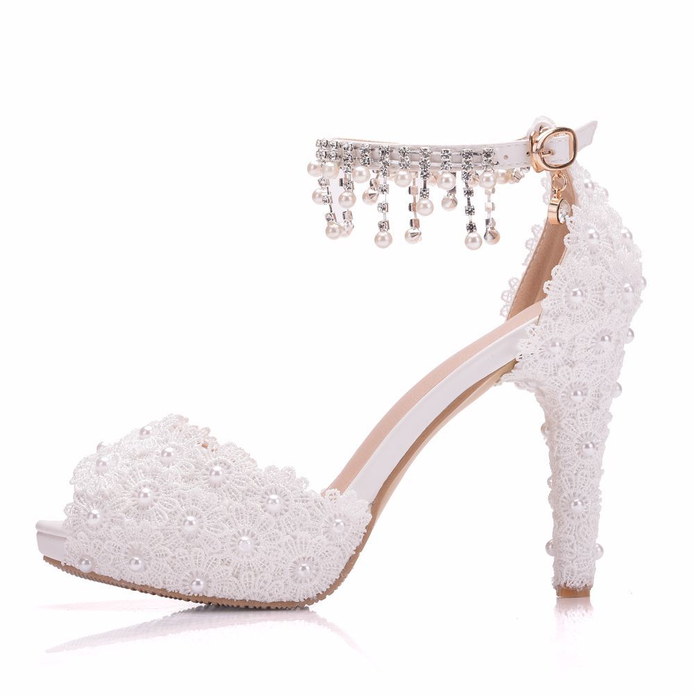 Women Lace Beads Stiletto Heel Peep Toe Bridal Wedding Platform Sandals