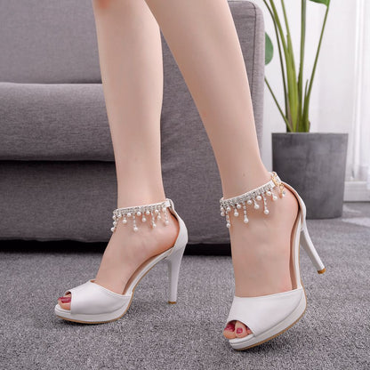 Women Peep Toe Beads Rhinestone Ankle Strap Bridal Wedding Stiletto Heel Platform Sandals