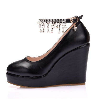 Women Round Toe Pearls Beads Tassel Wedge Heel Platform Pumps