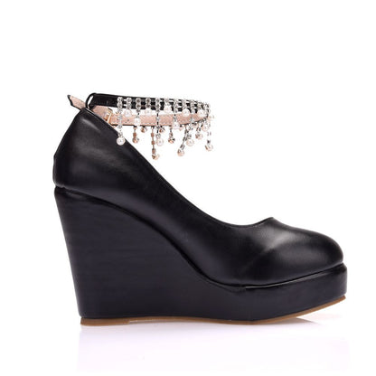 Women Round Toe Pearls Beads Tassel Wedge Heel Platform Pumps