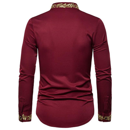 Men's Fashion Embroidered Westen Style Pattern Embroidered Henry Stand-Up Collar Long Sleeves Shirts