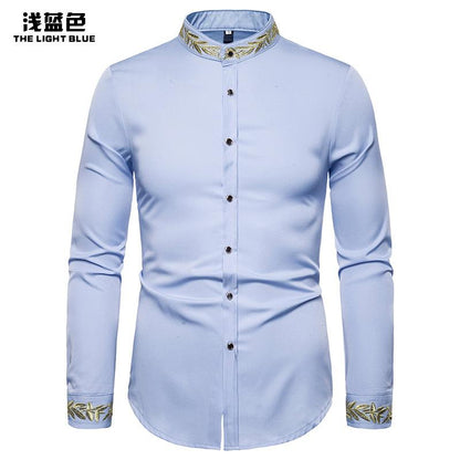 Men's Fashion Embroidered Westen Style Pattern Embroidered Henry Stand-Up Collar Long Sleeves Shirts