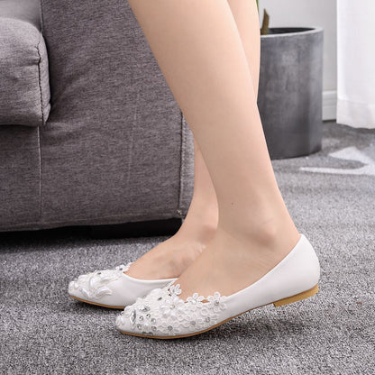 Women Pointed Toe Shallow Rhinestone Lace Flora Wedding Flats