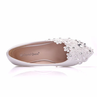 Women Pointed Toe Shallow Rhinestone Lace Flora Wedding Flats