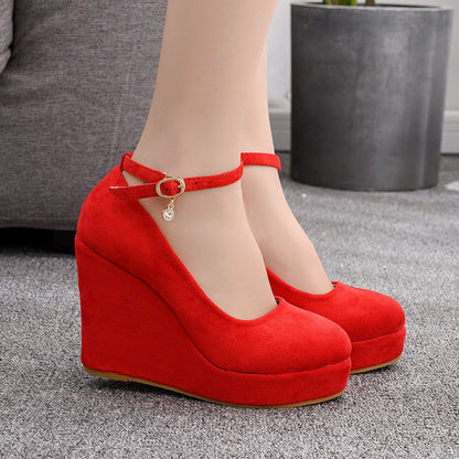 Women Round Toe Bow Tie Platform Ankle Strap Mary Janes Wedge Heel Pumps