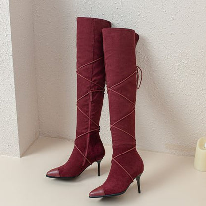 Women Pointed Toe Suede High Heels Knee High Boots