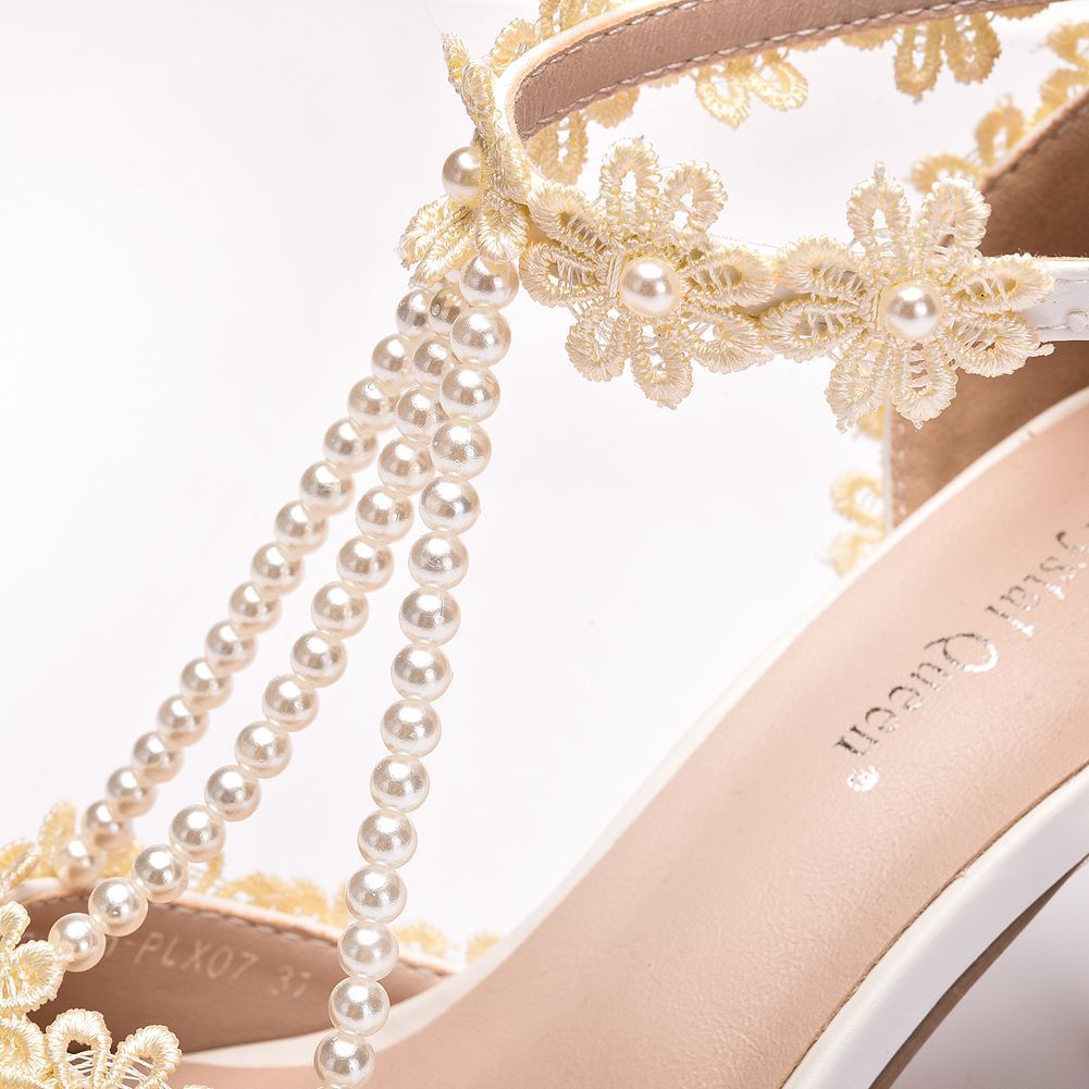 Women Lace Rhinestone Pearls Open Toe Bridal Wedding Stiletto Heel Sandals