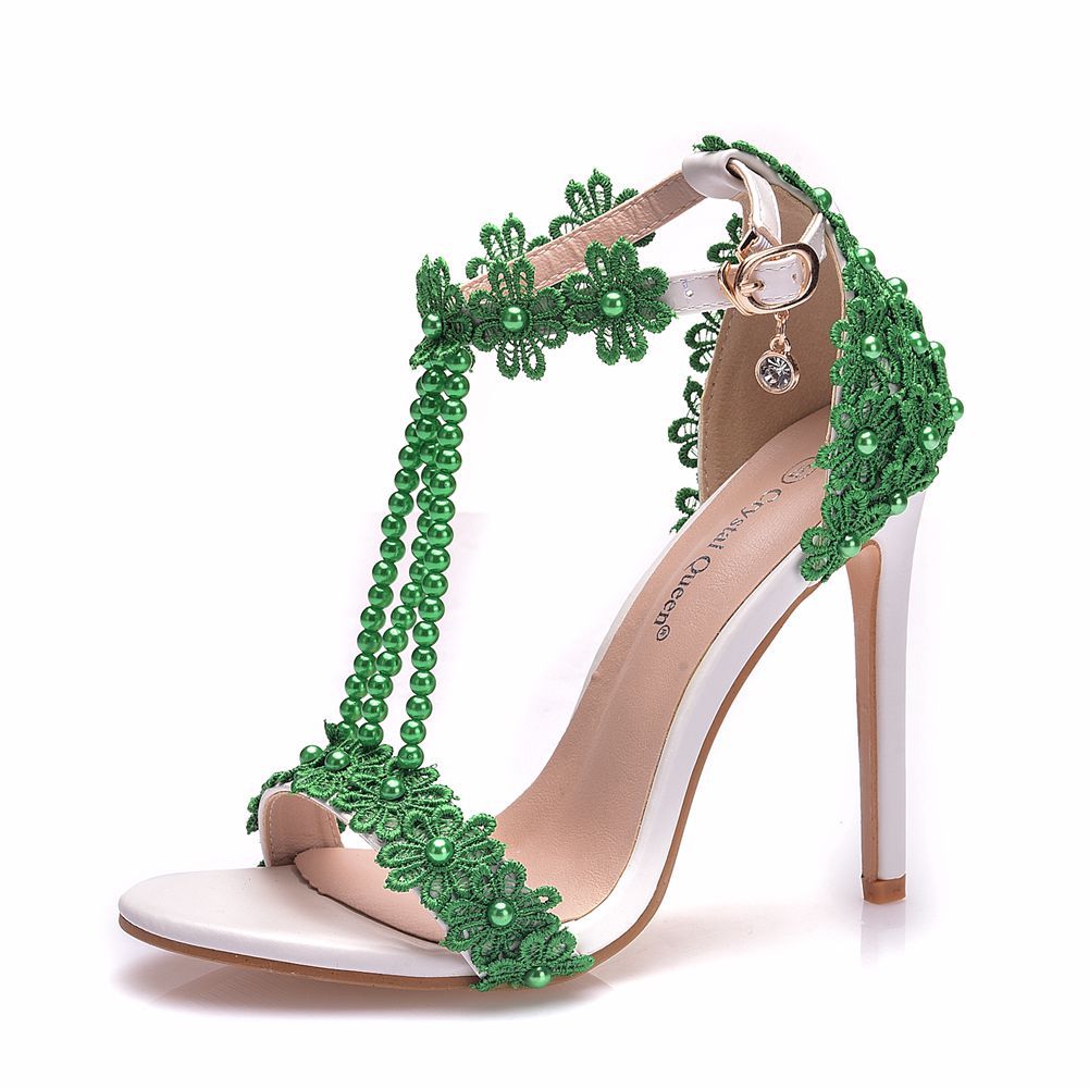 Women Lace Rhinestone Pearls Open Toe Bridal Wedding Stiletto Heel Sandals