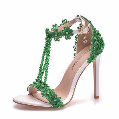 Women Lace Rhinestone Pearls Open Toe Bridal Wedding Stiletto Heel Sandals