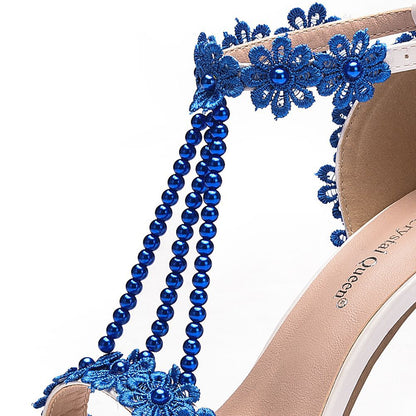 Women Ankle Strap Pointed Toe Lace Beads Bridal Wedding Shoes Stiletto Heel Sandals