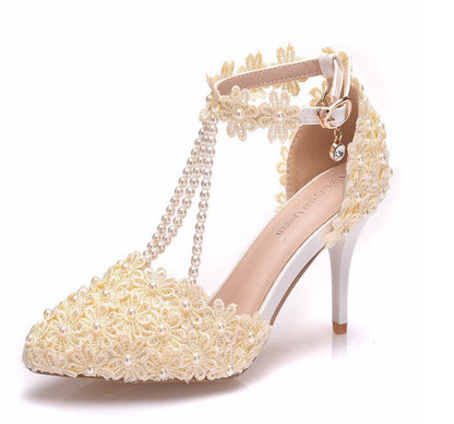 Women Ankle Strap Pointed Toe Lace Beads Bridal Wedding Shoes Stiletto Heel Sandals