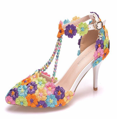 Women Ankle Strap Pointed Toe Lace Beads Bridal Wedding Shoes Stiletto Heel Sandals