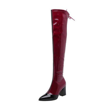 Women Patent Leather High Heels Knee High Boots