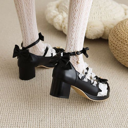 Women Pumps Lace Pearl Mary Janes Shoes with Bowtie