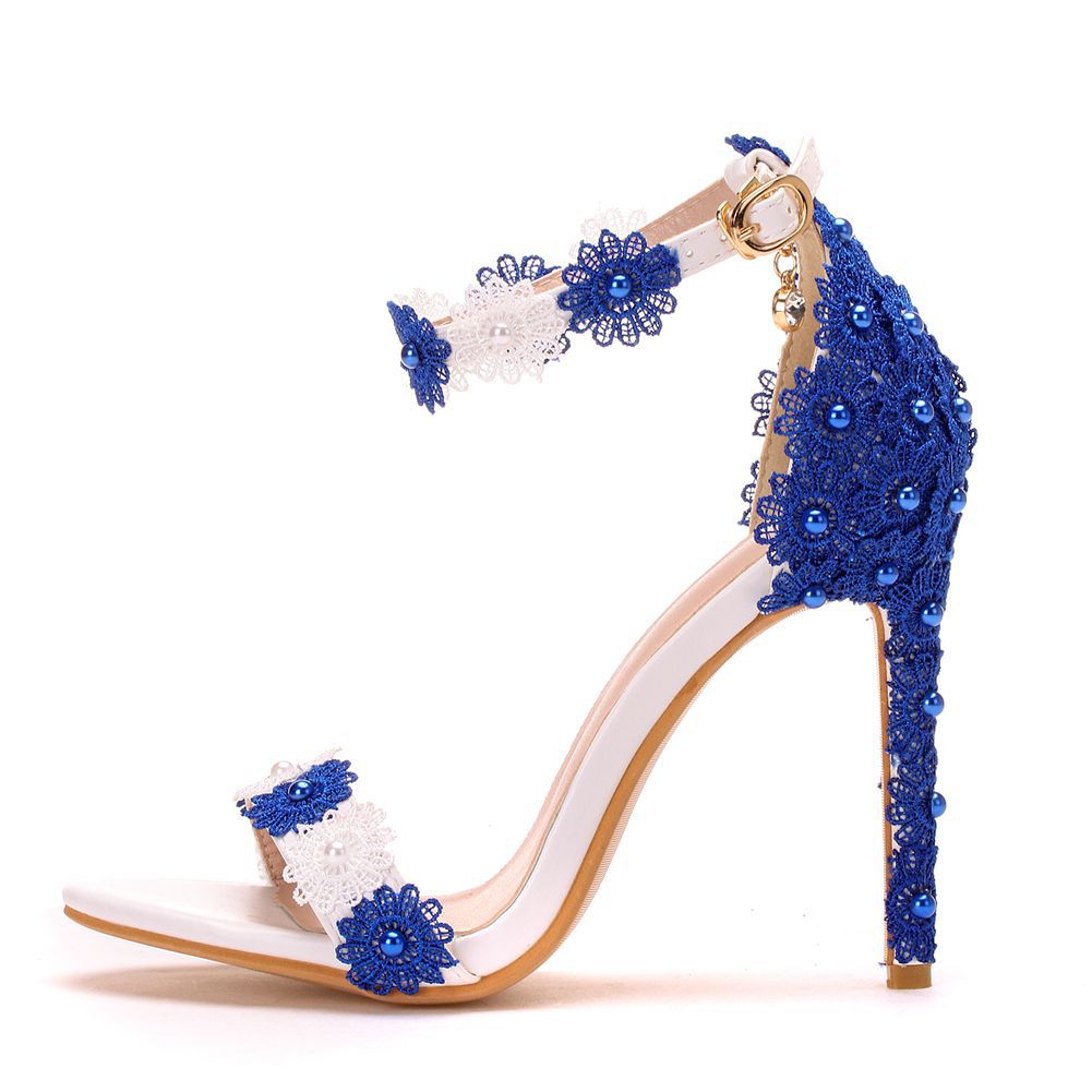 Women Open Toe Beads Ankle Strap Lace Stiletto Heel Sandals