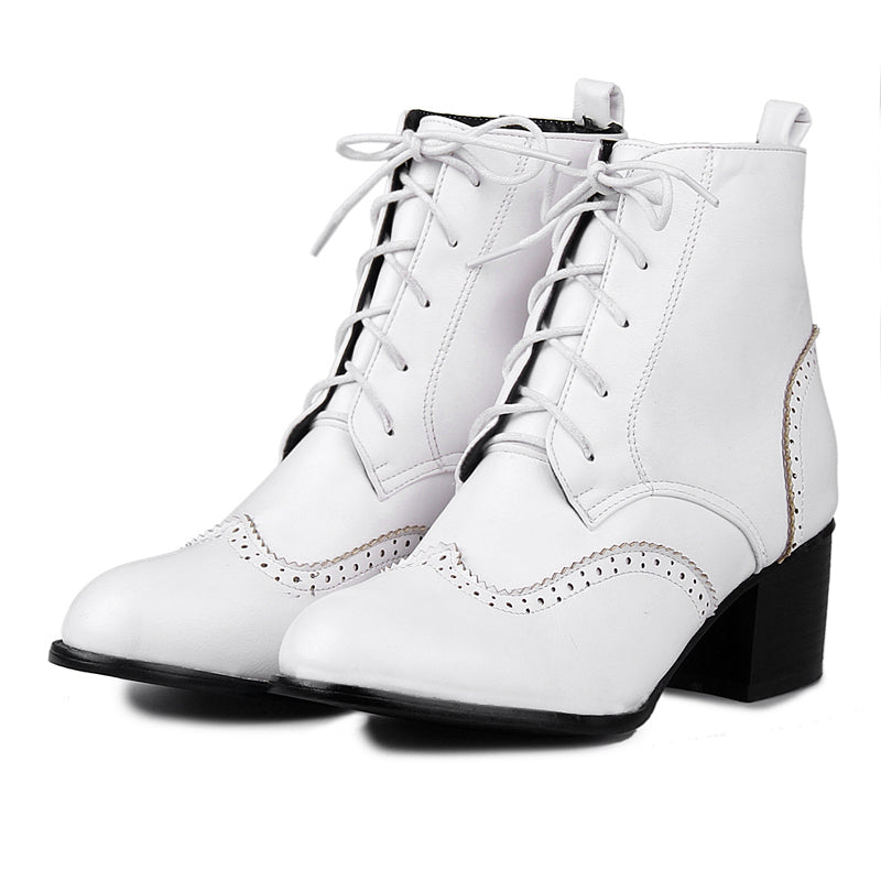 Women Lace Up Chunky High Heel Ankle Boots