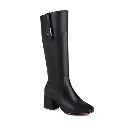 Women Zipper Buckle High Heel Knee High Boots