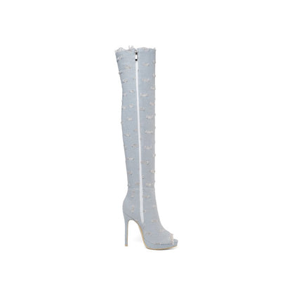 Women Zipper Denim High Heels Over the Knee Boots