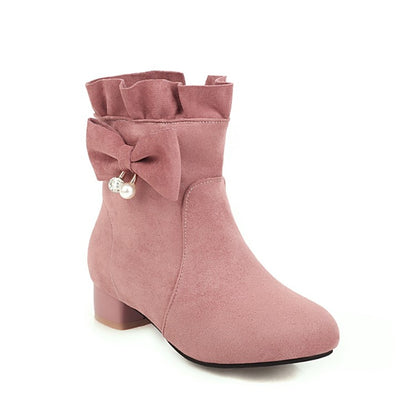 Women Ruffle Bowtie Low Heel Short Boots