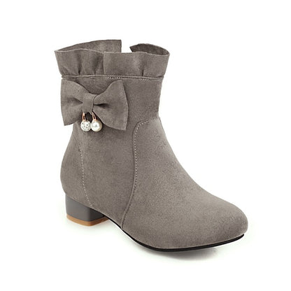 Women Ruffle Bowtie Low Heel Short Boots