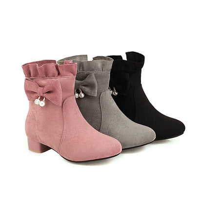 Women Ruffle Bowtie Low Heel Short Boots