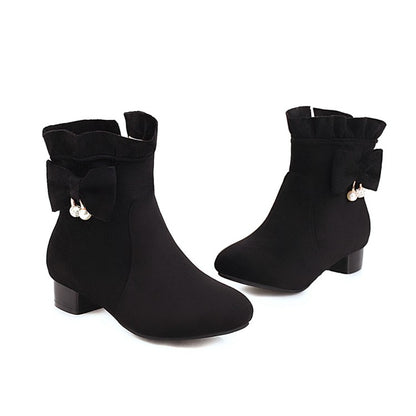 Women Ruffle Bowtie Low Heel Short Boots