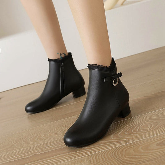 Women Rhinestone Knot Low Heel Short Boots