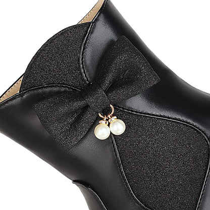 Women Bowtie Pearl Low Heel Short Boots