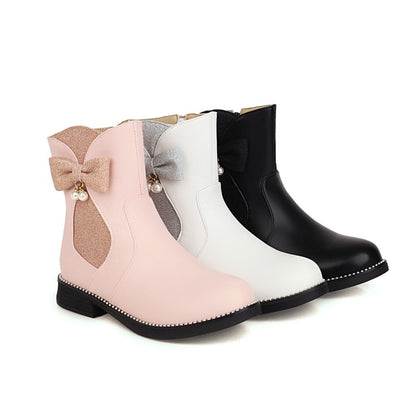 Women Bowtie Pearl Low Heel Short Boots