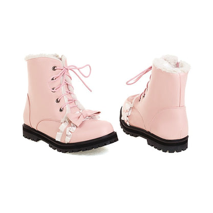 Women Bowtie Lace Low Heel Short Snow Boots