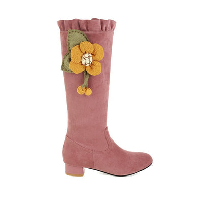 Women Flower Low Heel Mid Calf Boots