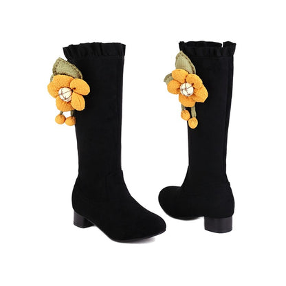 Women Flower Low Heel Mid Calf Boots